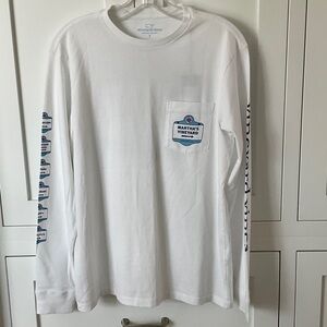 Vineyard Vines Martha’s Vineyard White Long Sleeve Tee with Blue Accents